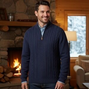 Chaps‎ Ralph Lauren Sweater Mens Large Blue 1/4 Zip Preppy Cable Knit Fisherman